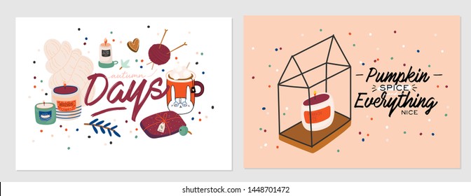 Cute illustration with autumn and winter cozy elements. Isolated on white background. Motivational typography of holidays hygge quotes. Scandinavian danish style. Vector