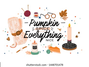 Cute illustration with autumn and winter cozy elements. Isolated on white background. Motivational typography of holidays hygge quotes. Scandinavian danish style. Vector