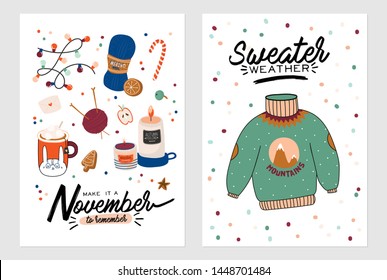 Cute illustration with autumn and winter cozy elements. Isolated on white background. Motivational typography of holidays hygge quotes. Scandinavian danish style. Vector