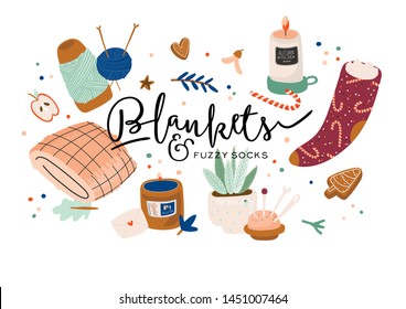 Cute illustration with autumn and winter cozy elements. Isolated on white background. Motivational typography of holidays hygge quotes. Scandinavian danish style. Vector