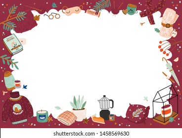 Cute illustration with autumn and winter cozy elements. Isolated on white background. Motivational typography of holidays hygge quotes. Scandinavian danish style. Vector