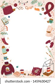 Cute illustration with autumn and winter cozy elements. Isolated on white background. Motivational typography of holidays hygge quotes. Scandinavian danish style. Vector