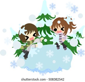 The cute illustration of autumn and winter -Pleasant snowball fight-