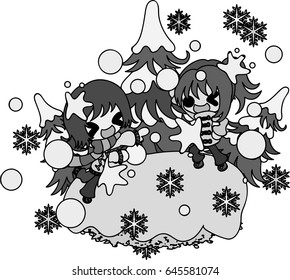 The cute illustration of autumn and winter -Pleasant snowball fight-