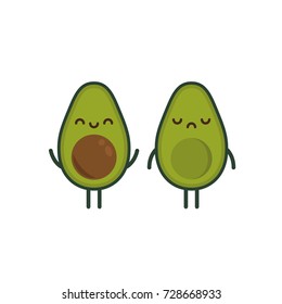 Cute illustration of avocados with hands and legs. Happy and Sad and empty. Flat design.