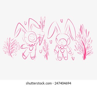 Cute illustration with babies in rabbit costumes