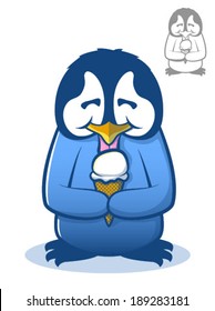 Cute illustration of a baby penguin licking an ice cream cone/Penguin eating Ice Cream Vector