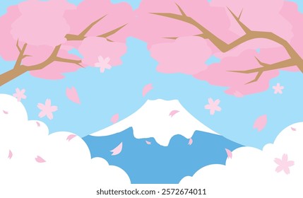 
Cute illustration background material of Mt. Fuji in spring with cherry blossoms blooming