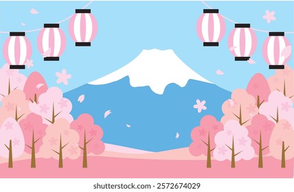 
Cute illustration background material of Mt. Fuji in spring with cherry blossoms blooming