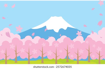 
Cute illustration background material of Mt. Fuji in spring with cherry blossoms blooming