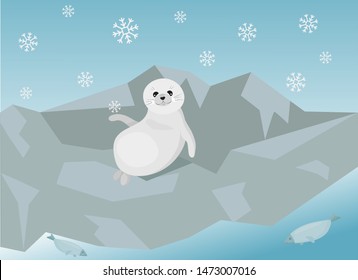 Cute illustration of the baikal seal (nerpa), which is chill out on the bank of the lake. Vector illustration. 