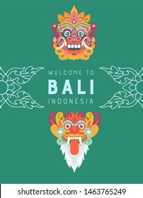 Cute Illustration Of Balinese Traditional Masks Decorated With Ornament. Famous Indonesian Dance Costume. Design For Souvenirs, Posters, Cards, Prints. Welcome To Bali.