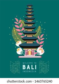 Cute illustration of Balinese Ulun Danu Beratan Temple. Famous indonesian landmark decorated with leaves and flowers. Design for souvenirs, posters, cards, prints. Welcome to Bali.