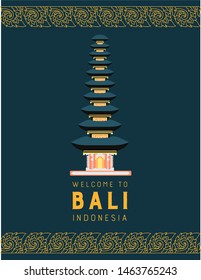 Cute illustration of Balinese Ulun Danu Beratan Temple. Famous indonesian landmark decorated with traditional floral pattern. Design for souvenirs, posters, cards, prints. Welcome to Bali.