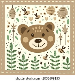 Cute illustration with a bear, beehive and bees drawn by hand. Floral ornament. Card with animals