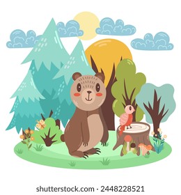 Linda ilustración de un oso en el bosque. Escena infantil de Vector.