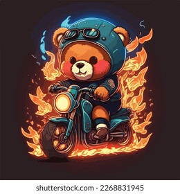 cute illustration of a bear riding a motorbike with a burning fire