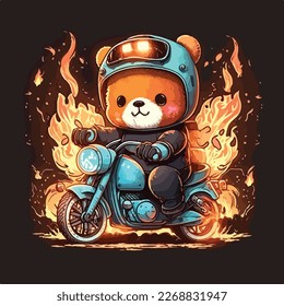cute illustration of a bear riding a motorbike with a burning fire