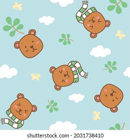 Cute illustration bear and sky seamless pattern, Happy teddy bear face cartoon.