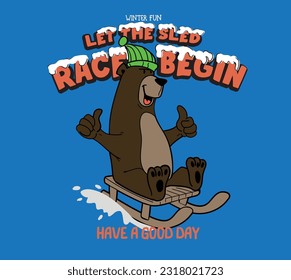 cute illustration of a bear sledding in the snow