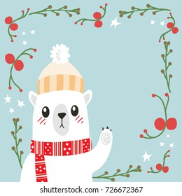 Cute illustration of bear waving paw with Christmas decoration