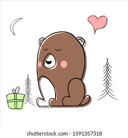 Cute illustration with a bear in the winter forest