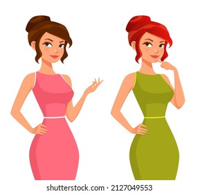 cute illustration of a beautiful office girl in elegant dress. Young businesswoman, secretary, assistant or life coach, thinking or gesturing. Cartoon character. Isolated on white. Vector eps file.