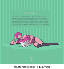 Cute illustration of a beautiful pink haired woman reading a book. Green background. Vector clip-art.