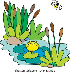 A cute illustration of bee, reeds and water lily. Idyllic landscape