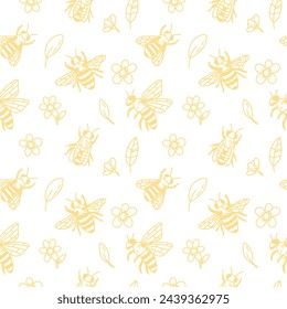 cute illustration of bees and flowers. hand drawn vector background 