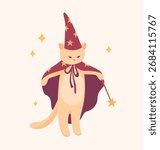 Cute illustration of a beige cat in a wizard costume with a magic wand in warm pastel colors. Great for card, seasonal print, poster, invitation, sticker