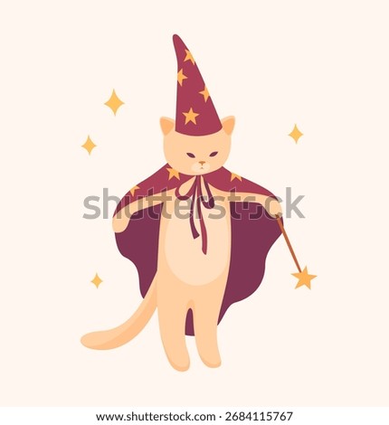 Cute illustration of a beige cat in a wizard costume with a magic wand in warm pastel colors. Great for card, seasonal print, poster, invitation, sticker
