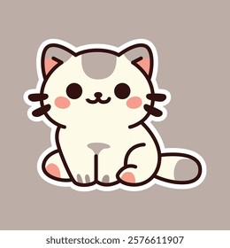 Cute illustration of a beige sitting cat with sweet red cheeks, a soft tail, and a warm gray background. Ideal for pet designs or playful animal art.