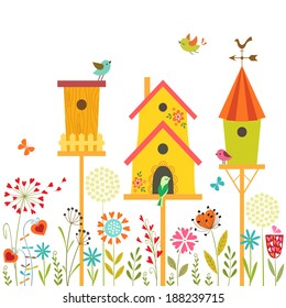 Cute illustration with bird houses, hand drawn flowers and place for your text.