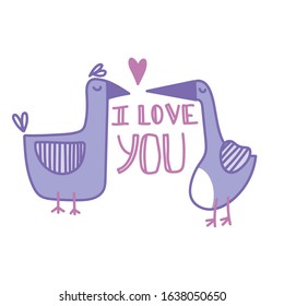 Cute illustration with birds. Two cute birds on blooming branch. Card for Valentine day, love label. Decor elements. Valentine's Day card, Scandinavian style. Vector illustration