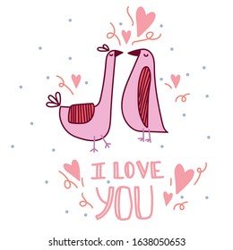 Cute illustration with birds. Two cute birds on blooming branch. Card for Valentine day, love label. Decor elements. Valentine's Day card, Scandinavian style. Vector illustration