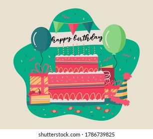 Cute illustration for a birthday card. Composition of a cake, balloons, gifts, sweets, candy, hats and more. Rearrangable figures and editable colors. 