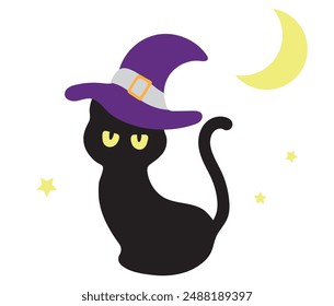 Cute Illustration of Black Cat with Hat and Moon