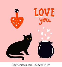 Cute illustration with black cat, love poison and witch pot on pink background. Text i love you. Vector greeting card design