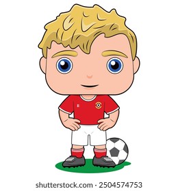 Cute illustration of a blonde boy football soccer player in red uniform