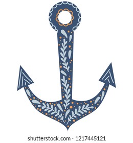 Cute illustration of blue anchor for nursery decor, prints and posters, doodle style illustration. Vector