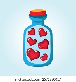 A cute illustration of a blue jar filled with red hearts. Perfect for Valentine's Day or any romantic occasion.