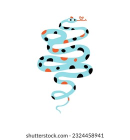 Cute illustration with a blue snake with a crown and a heart-shaped tongue. Vector print, card, design

