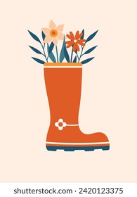 Cute illustration with boots and blooming daffodil, flowers, plants, leaves, bouquet. Cartoon hand drawn clip art with village footwear. Cottagecore, slow farm life. 