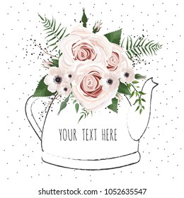 Cute illustration with a bouquet of flowers in a teapot . Vector card.