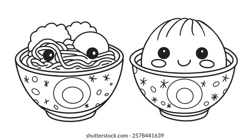 cute illustration of a bowl of dumplings and noodles. funny characters, asian food