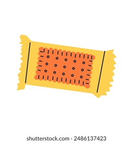 Cute illustration of box of crackers or snack ,biscuits flat illustration isolate on white background. Cracker packed in yellow package, paper wrapping.