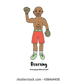 Cute illustration of a boxer with his hand raised in boxing gloves. Athlete in competition. Picture in cartoon-style