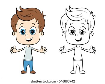 Cute illustration of a boy in color and without color. Vector illustration for coloring book.