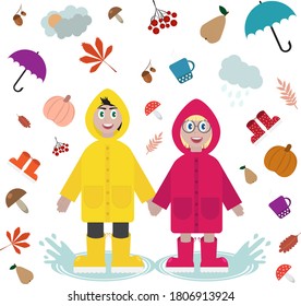 Cute illustration. A boy and a girl are dressed in bright raincoats holding hands and standing in puddles. Around a set of umbrellas, mushrooms, autumn foliage, clouds, pears, pumpkins, rain.